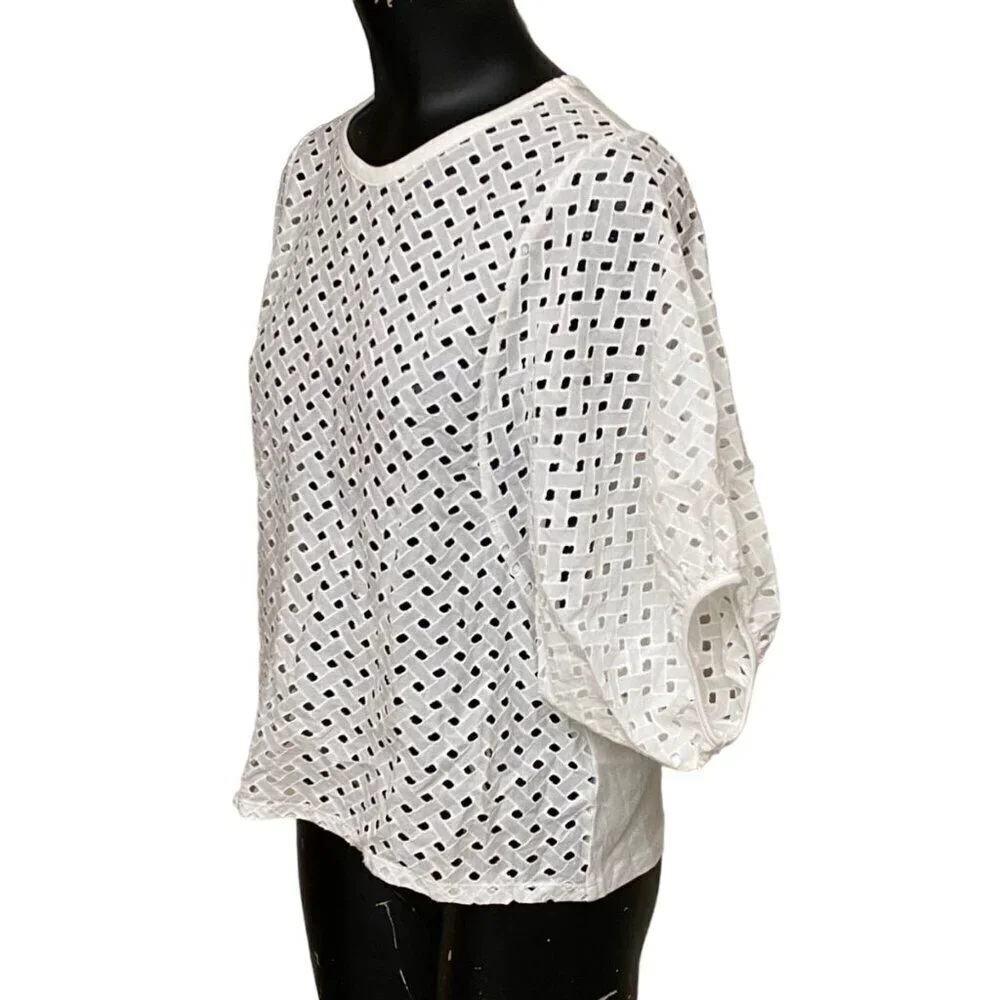 Zara White Cotton Eyelet Puff Sleeve Top Size Small